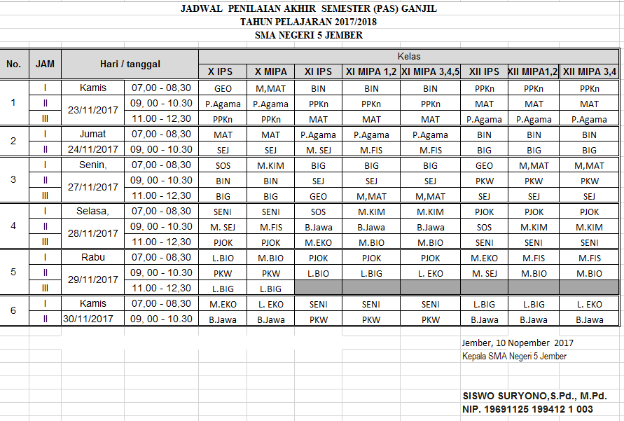 Jadwal Penilaian Akhir Semester Ganjil 2017