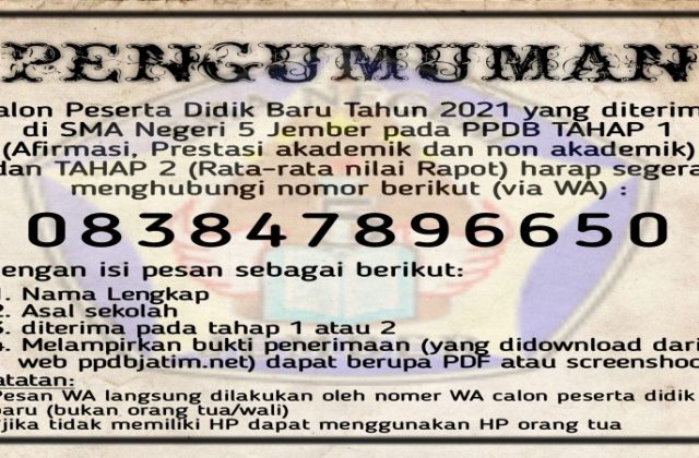 PENGUMUMAN BAGIS SISWA SISWI YANG BARU DITERIMA DI SEKOLAH SMAN 5 JEMBER